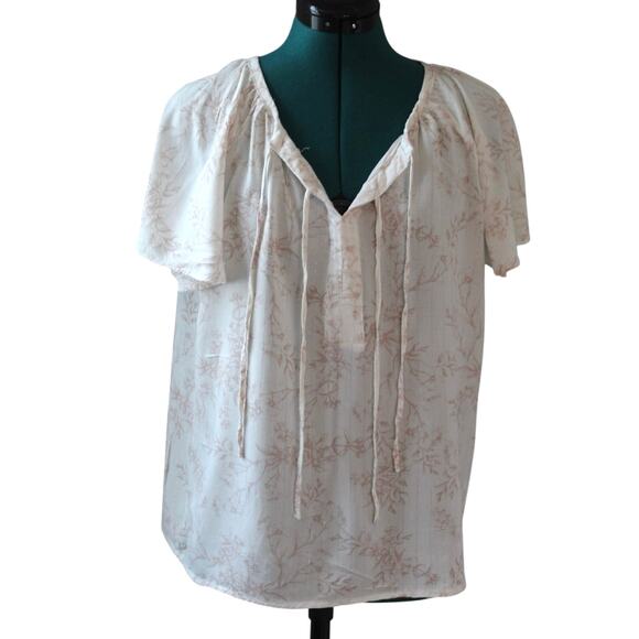 Como Blu Tops - Como Blu Boho Peasant Blouse Cream Pink Floral Tie Neck Top M